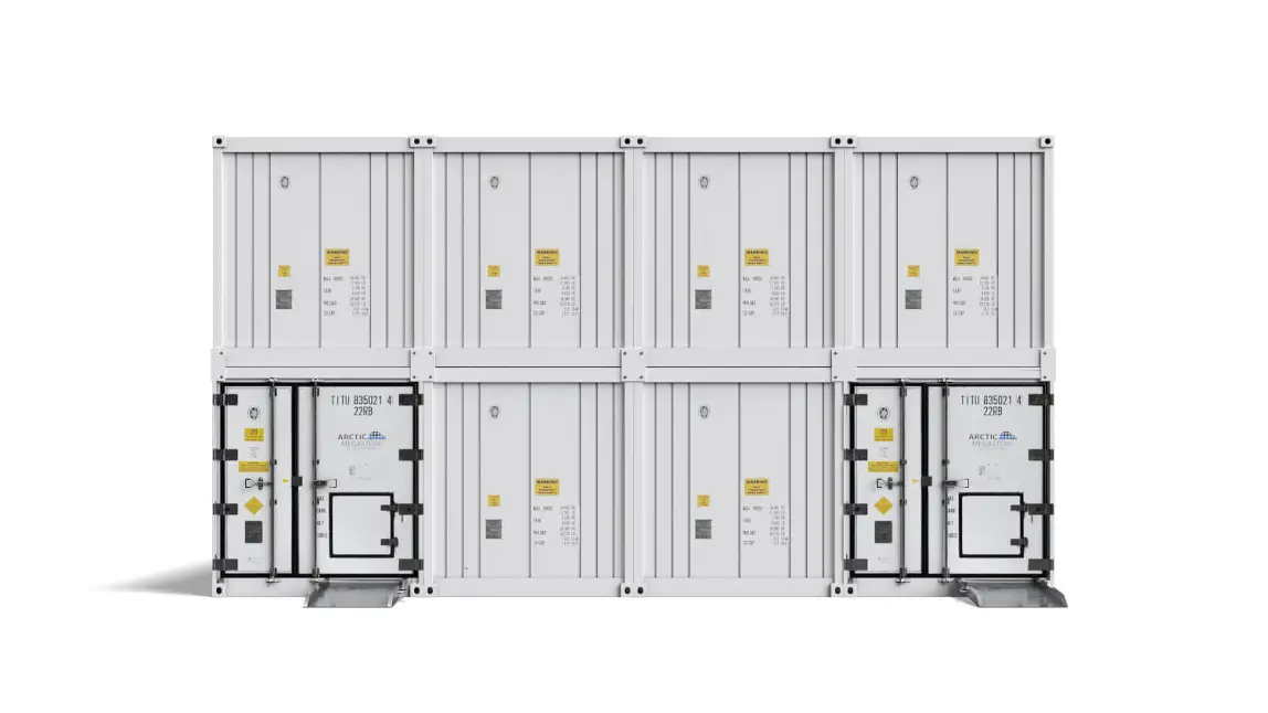 Arctic MegaStore modular cold storage containers shown in stacked configuration with ramp access